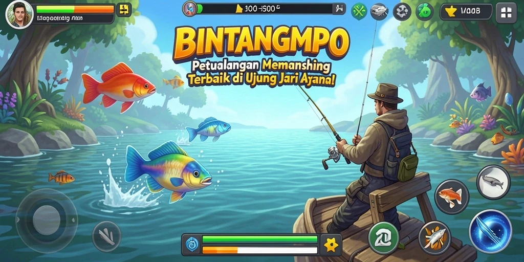 Tampilan gameplay BINTANGMPO dengan aksi memancing seru.
