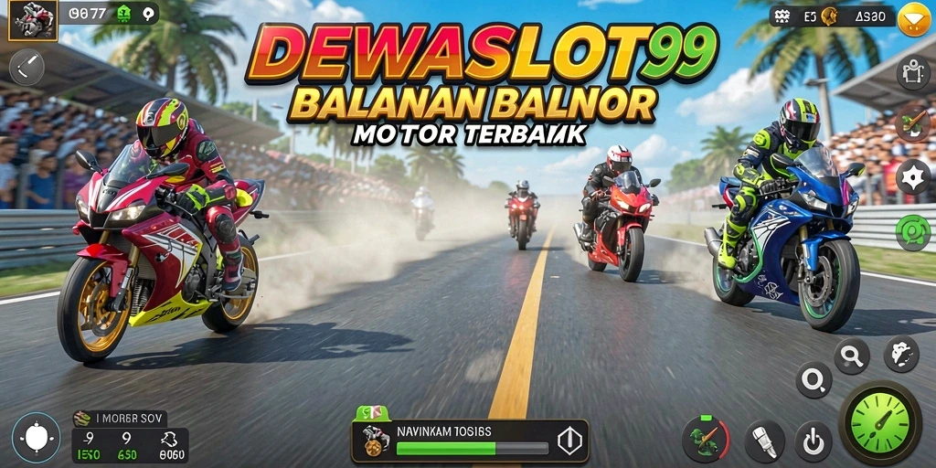 Screenshot gameplay DEWASLOT99 yang penuh aksi balapan motor.