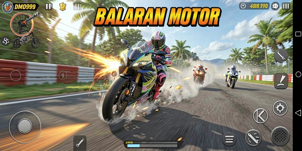 Screenshot gameplay DMD999 menampilkan balapan motor yang seru.
