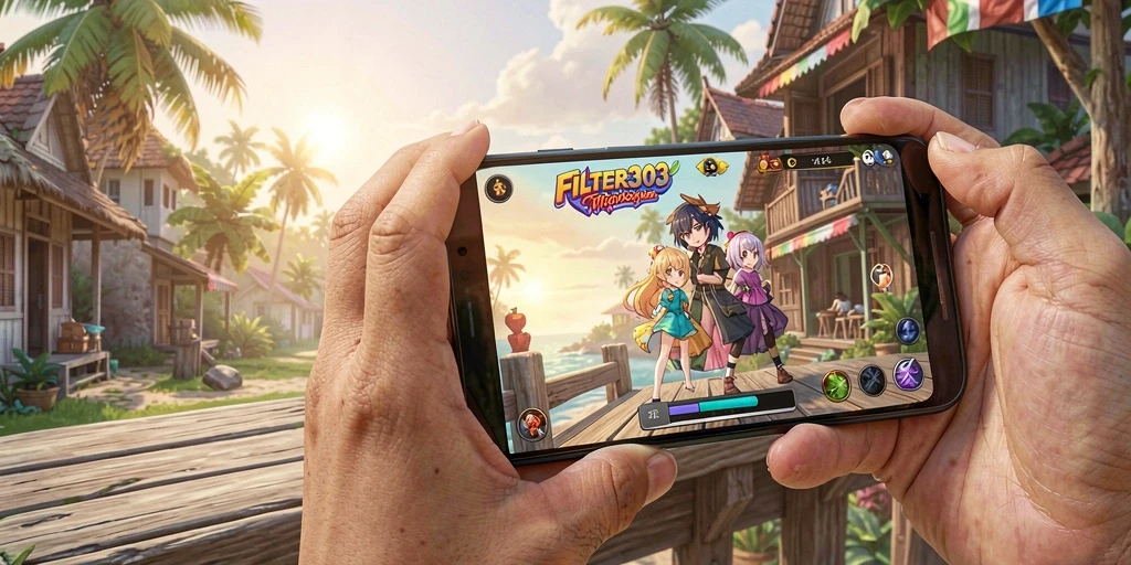 Tampilan gameplay FILTER303 yang penuh warna dan karakter menarik.