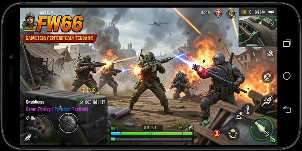 Screenshot FW66 menampilkan aksi pertempuran strategi yang intens.