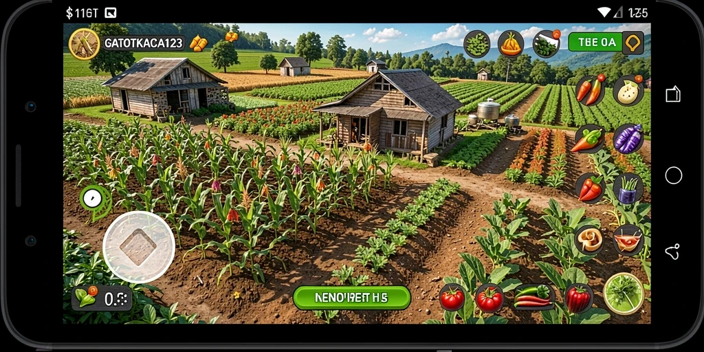 Screenshot gameplay GATOTKACA123 menampilkan ladang subur dan aktivitas bertani.