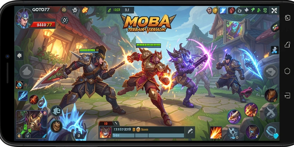 Screenshot GOTO77 menampilkan pertarungan seru di arena MOBA.
