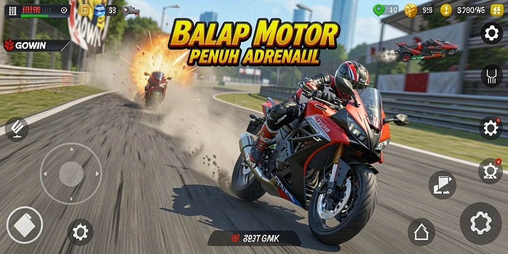 Screenshot dari gameplay GOWIN menampilkan balapan motor yang mendebarkan.