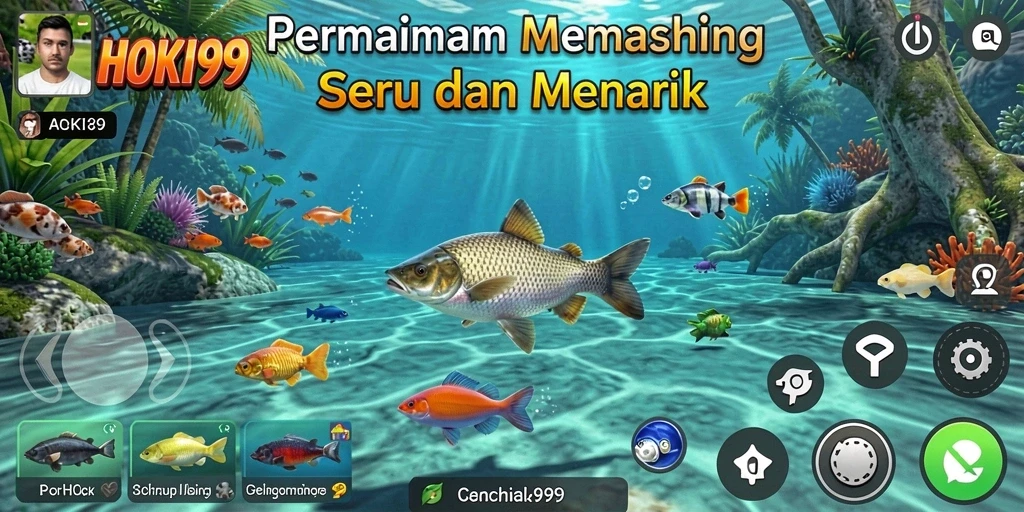 Gameplay HOKI99 yang seru saat memancing ikan di berbagai lokasi.