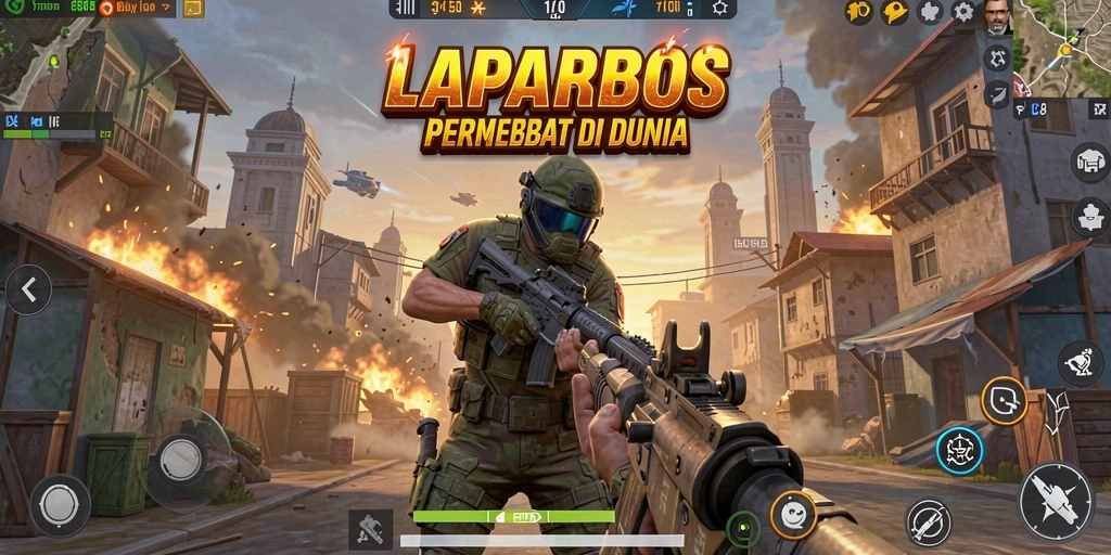 Tangkapan layar utama dari gameplay seru LAPARBOS di medan pertempuran.