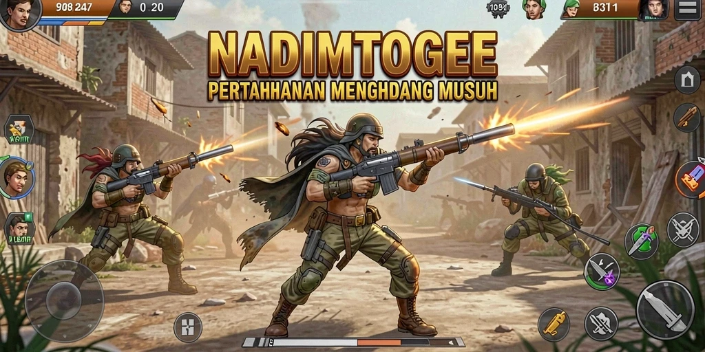 Screenshot NADIMTOGEL menampilkan aksi menara bertahan melawan gelombang musuh yang mengasyikkan.